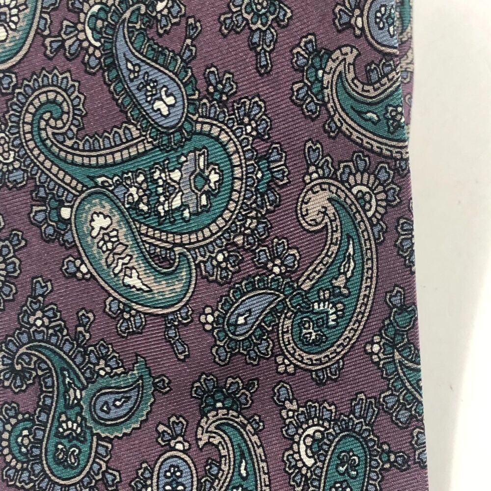 Vintage Rooster Silk Tie Paisley Purple Green Blue Made in USA Hand Printed Ital - Picture 2 of 6